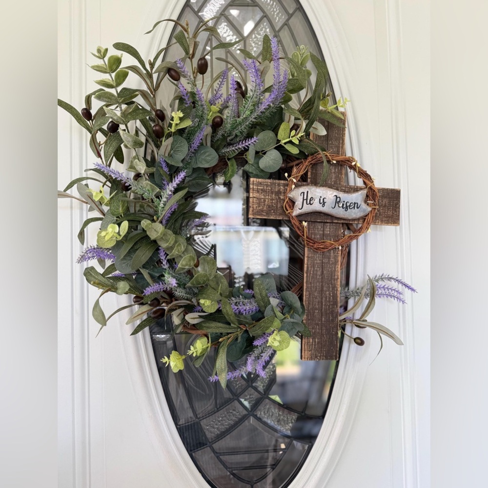 He Is Risen Easter Wreath • Christian Cross Spring Door Decor • 24” Grapevine - Picture 3 of 5